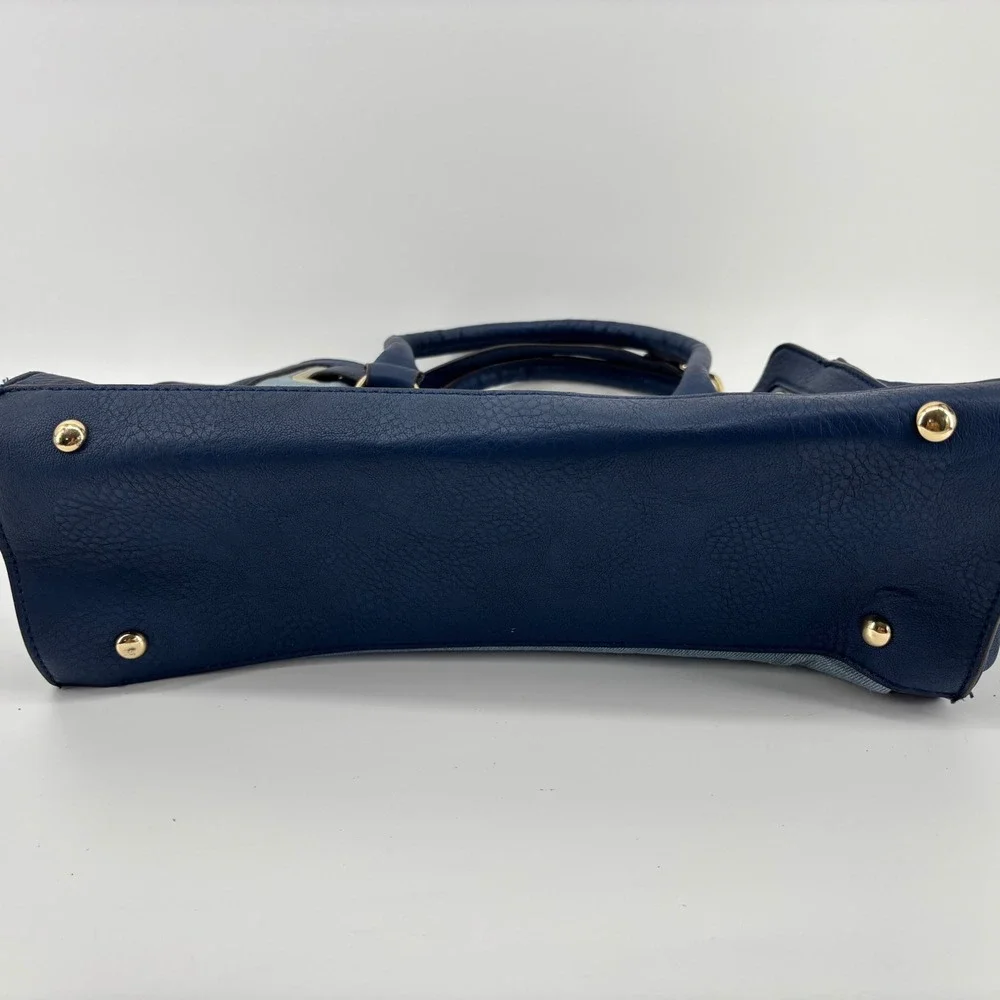 Charming Charlie Navy Blue Faux Leather and Denim Satchel Crossbody Bag Gold - Picture 10 of 12